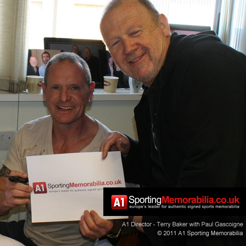 Paul Gascoigne with Terry Baker at private signing session for A1 Sporting Memorabilia