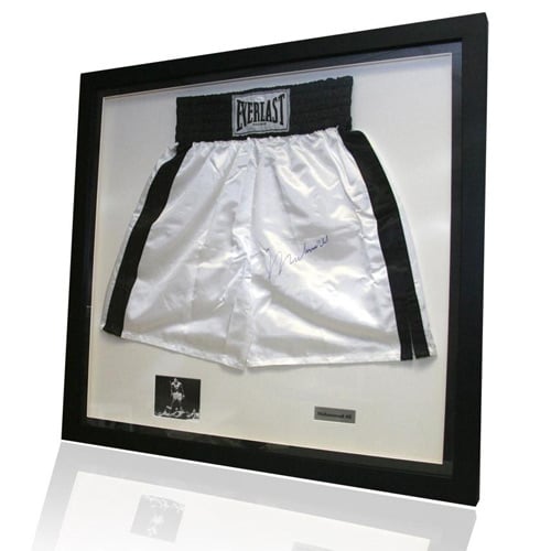 Framed Muhammad Ali autograph signed boxing shorts Framed Muhammad Ali autograph signed boxing shorts