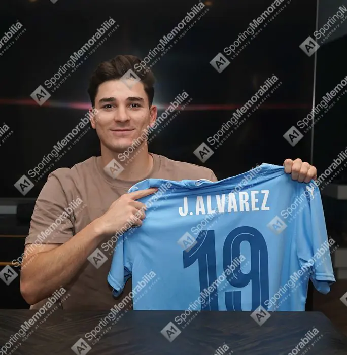 Framed Julian Alvarez Signed Manchester City Shirt: Home, 2023-24
