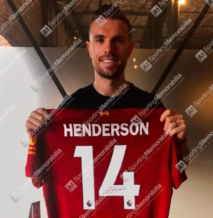 リバプール ヘンダーソン オーセンティック Jordan Henderson Signed Liverpool 2019/20 Shirt - Number 14