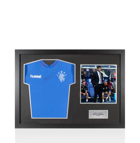 Framed Steven Gerrard Signed Rangers Shirt, 2018-2019 - Panoramic Compact