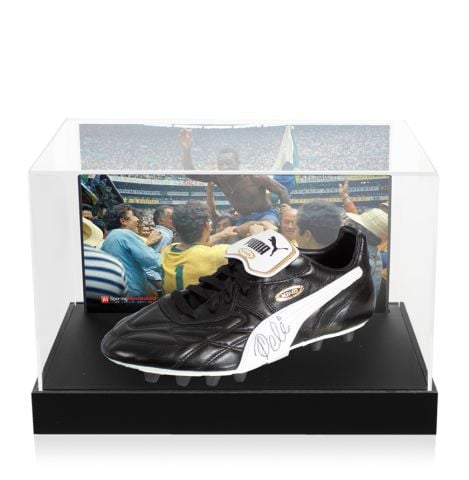 Pele Signed Boot: Puma King - In Acrylic Photo Display Case