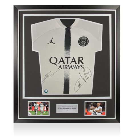 Framed Lionel Messi & Kylian Mbappe Front Signed Paris Saint-Germain 2022-23 Away Shirt - Premium