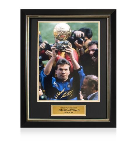 Framed Lothar Matthaus Signed Internazionale Photo - 1990 Ballon d'Or Winner: Trophy Winners Range