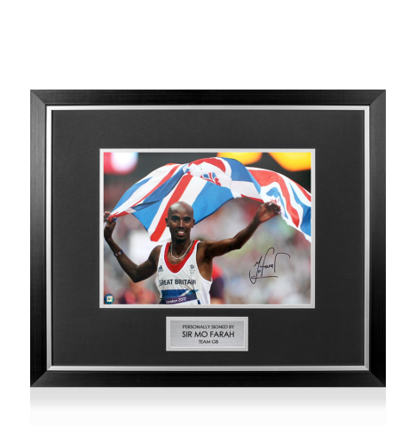 Premium Framed Sir Mo Farah Signed Photo: GB Flag Holding
