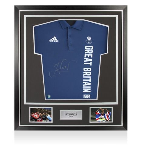 Framed Sir Mo Farah Front Signed adidas Team GB Polo Shirt - Premium