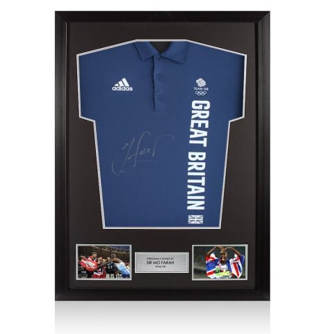 Framed Sir Mo Farah Front Signed adidas Team GB Polo Shirt