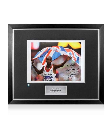 Premium Framed Mo Farah Signed Photo: GB Flag Holding - 4x Olympic Gold Medalist Inscription 