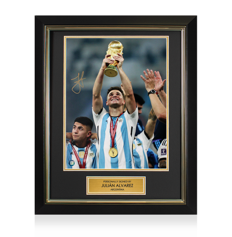Framed Julian Alvarez Signed Argentina Photo - 2022 World Cup Winner: Trophy Winners Range