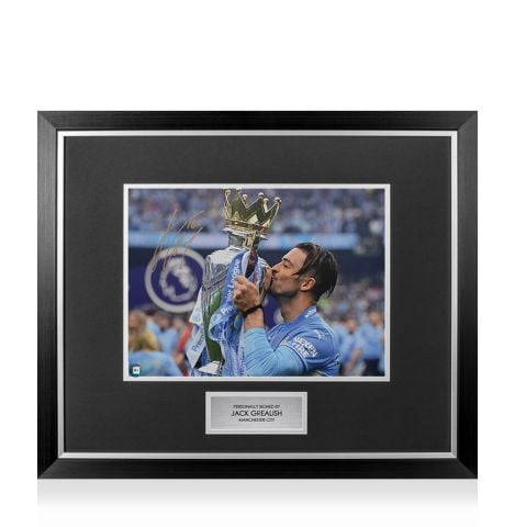 Premium Framed Jack Grealish Signed Manchester City Photo: Premier League Trophy 