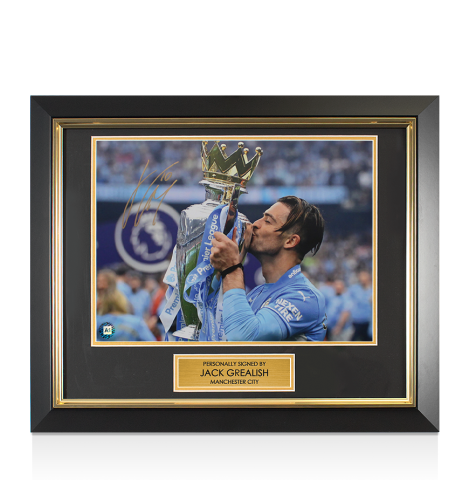 Framed Jack Grealish Signed Manchester City Photo: Premier League Trophy: Trophy Winners Range