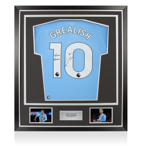 Framed Jack Grealish Signed Manchester City 2023-24 Home Shirt: Treble Winner Inscription - Premium