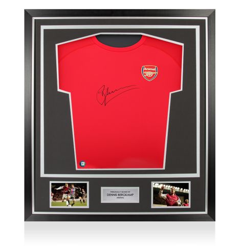 Framed Dennis Bergkamp Front Signed Arsenal T-Shirt - Premium