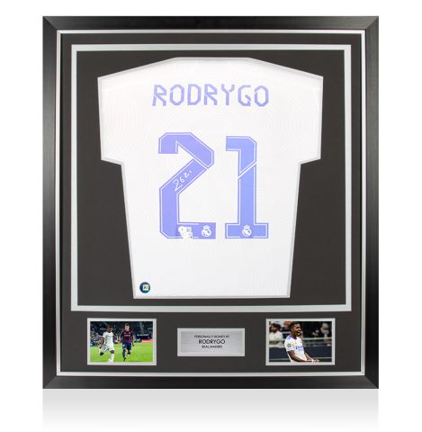 Framed Rodrygo Signed Real Madrid Shirt: Home, 2021-22 - Premium