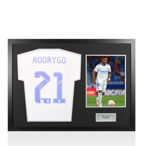 Framed Rodrygo Signed Real Madrid Shirt: Home, 2021-22 - Panoramic