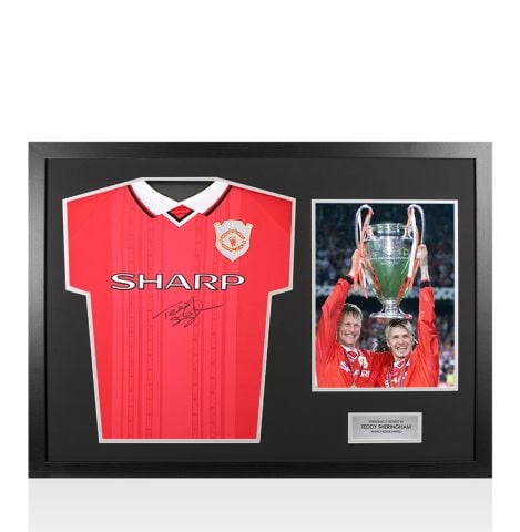 Framed Teddy Sheringham Signed Manchester United Shirt: Home, 1999-00 - Panoramic