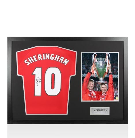 Framed Teddy Sheringham Signed Manchester United Shirt: Home, 1999-00 - Panoramic