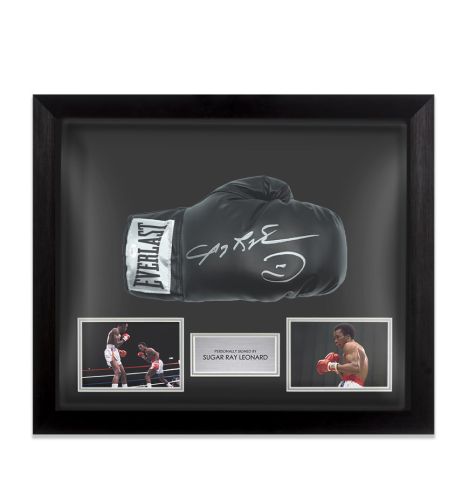 Framed Sugar Ray Leonard Signed Boxing Glove: Everlast, Black - Bubble Framed