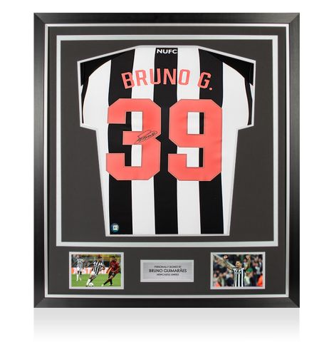 Framed Bruno Guimaraes Signed Newcastle United Shirt: Home, 2023-24 - Premium
