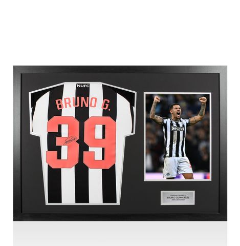 Framed Bruno Guimaraes Signed Newcastle United Shirt: Home, 2023-24 - Panoramic