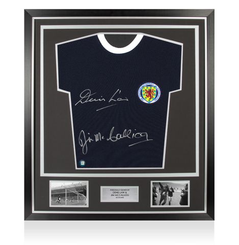 Framed Denis Law & Jim McCalliog Signed Scotland Shirt: Home, 1967-68 - Premium
