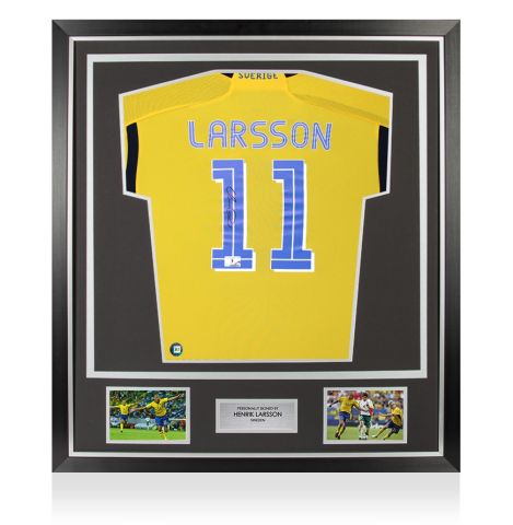 Framed Henrik Larsson Signed Sweden Shirt: Home - Premium