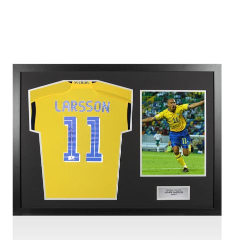 Framed Henrik Larsson Signed Sweden Shirt: Home - Panoramic