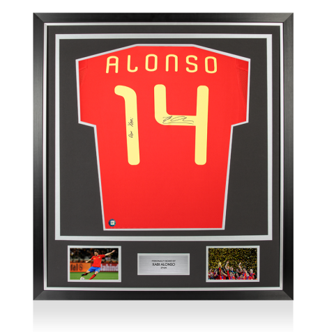 Framed Xabi Alonso Back Signed Spain 2010 Home Shirt: Don Xabi Inscription - Premium