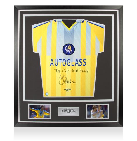 Framed Gianfranco Zola Signed Chelsea 1998 Away Shirt: FA Cup Semi-Final Inscription - Premium