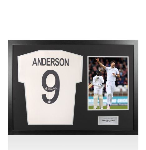 Framed Jimmy Anderson Signed England Test Cricket Shirt - Panoramic