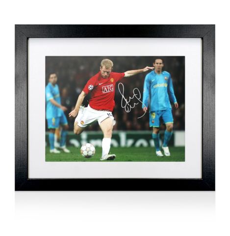 Framed Paul Scholes Signed Manchester United Photo: Champions League Goal vs FC Barcelona