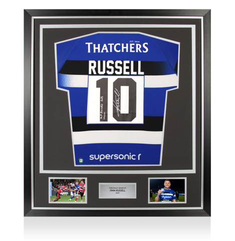 Framed Finn Russell Signed Bath Rugby 2025 Home Shirt: Bath Premiership 2025 Winner Inscription - Premium