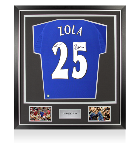 Framed Gianfranco Zola Signed Chelsea 2000 Home Shirt: Magic Box Inscription - Premium
