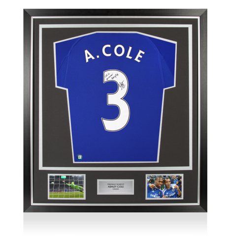 Framed Ashley Cole Signed Chelsea 2000 Home Shirt: UCL Winner 2011-12 Inscription - Premium