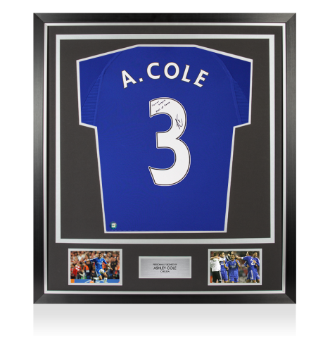 Framed Ashley Cole Signed Chelsea 2000 Home Shirt: Premier League Hall of Fame Inscription - Premium