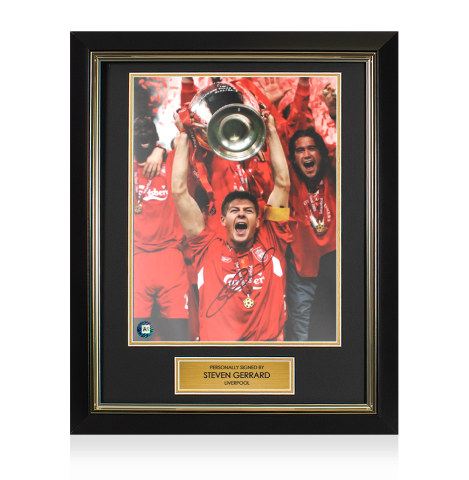 Framed Steven Gerrard Signed Liverpool Photo - UEFA Champions League Winner: Trophy Winners Range