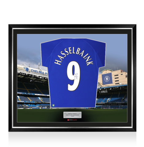 Framed Jimmy Floyd Hasselbaink Signed Chelsea Shirt: Home, 2000-01 - The Stadium Collection