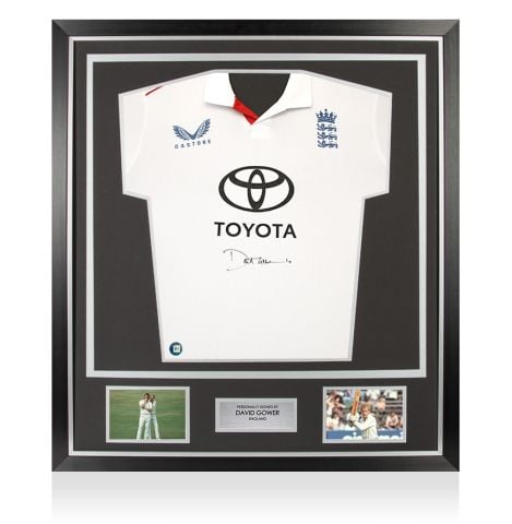 Framed David Gower Front Signed England Cricket Shirt - Premium