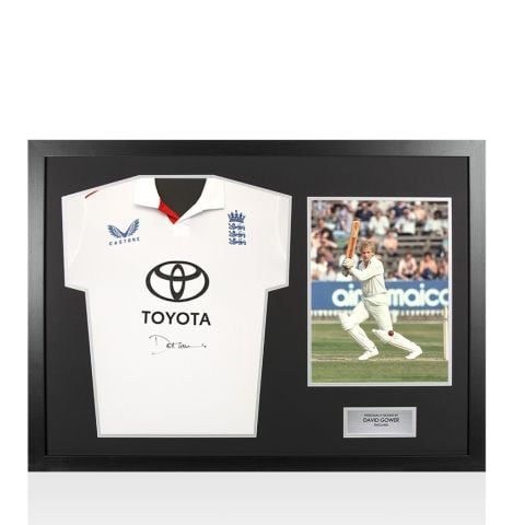 Framed David Gower Front Signed England Cricket Shirt - Panoramic