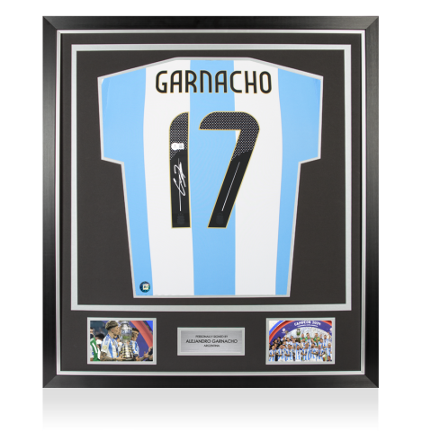 Framed Alejandro Garnacho Signed Argentina Shirt: Home, 2024-25 - Premium