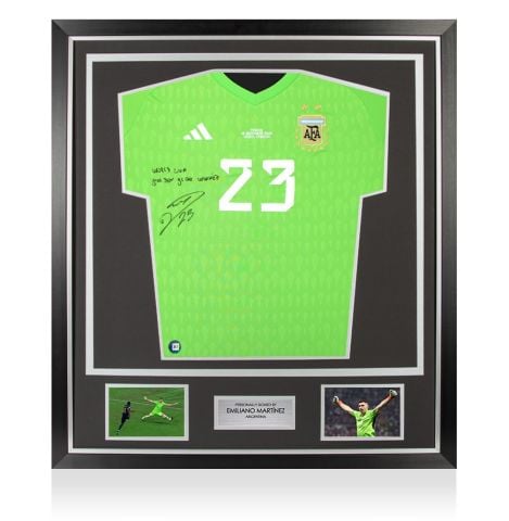 Framed Emiliano Martinez Front Signed Argentina 2022 Goalkeeper Shirt - World Cup Golden Glove Winner Inscription - Premium