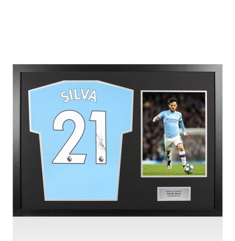 Framed David Silva Signed Manchester City Shirt: Home, 2019-20 - Panoramic