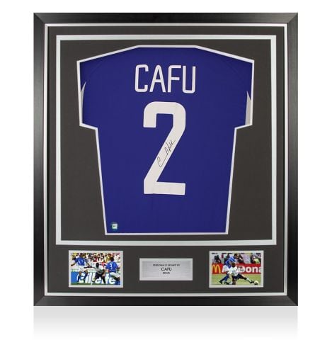 Framed Cafu Signed Brazil Shirt: Away, 2002-03 - Premium
