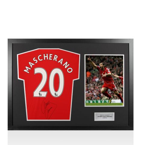 Framed Javier Mascherano Back Signed Liverpool 2008-10 Home Shirt - Panoramic