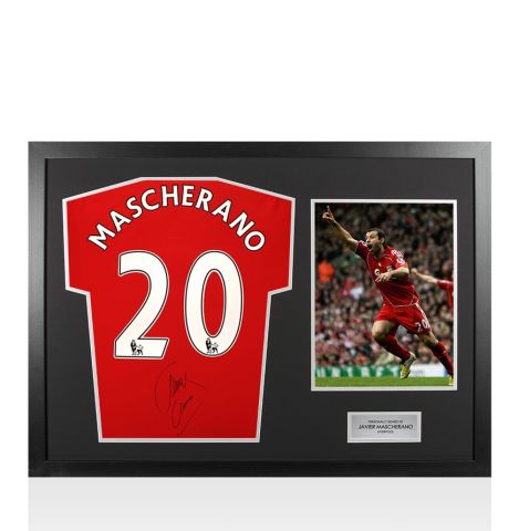 Framed Javier Mascherano Back Signed Liverpool 2008-09 Home Shirt - Panoramic
