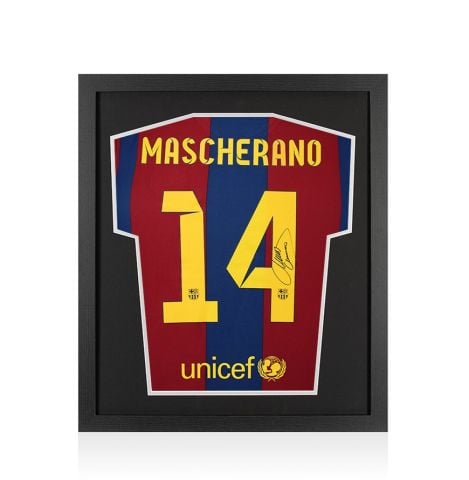 Framed Javier Mascherano Back Signed FC Barcelona 2007-08 Home Shirt - Compact