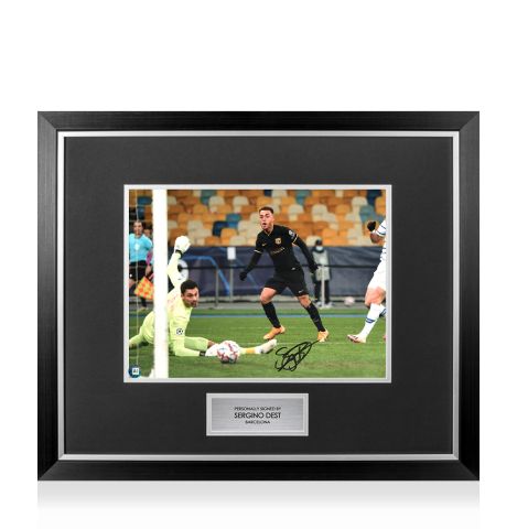 Premium Framed Sergino Dest Signed FC Barcelona Photo: UEFA Champions League Goal