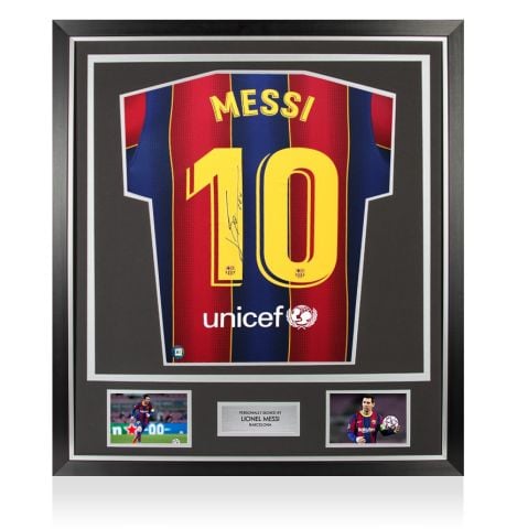 Framed Lionel Messi Back Signed FC Barcelona 2020-21 Home Shirt - Premium
