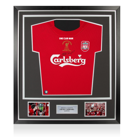 Framed Steven Gerrard Signed Liverpool Shirt - Istanbul 2005 Champions League Winners Premium Framed - Personalised