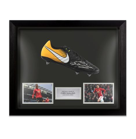 PRE-FRAMED Chris Smalling Signed Yellow Nike Tiempo Football Boot - Manchester United